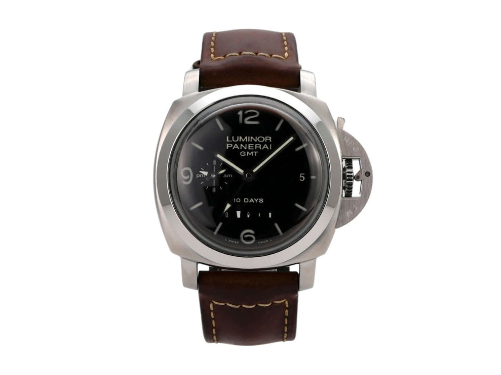 Panerai Luminor 1950 GMT 10 Days PAM00270, Edelstahlgehäuse, braunes Alligatorlederarmband und schwarzes Zifferblatt.