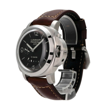 Panerai Luminor 1950 GMT 10 Days PAM00270, Edelstahlgehäuse, braunes Alligatorlederarmband, schwarzes Zifferblatt.