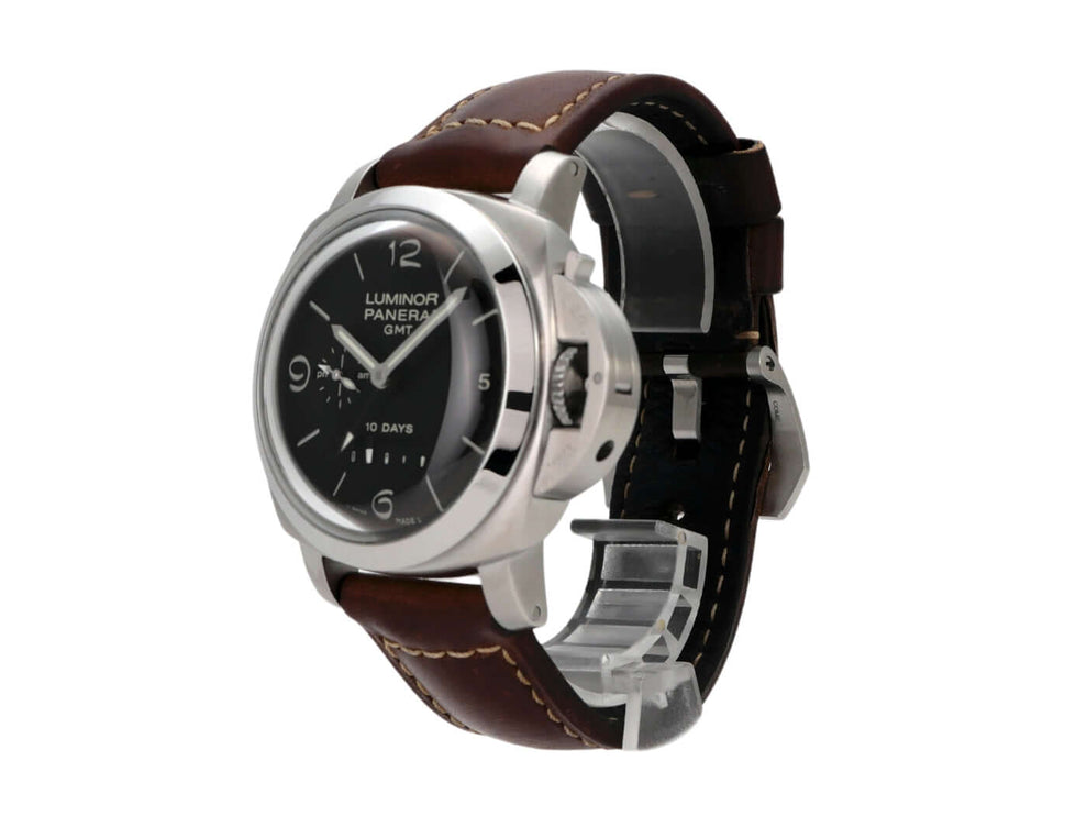 Panerai Luminor 1950 GMT 10 Days PAM00270, Edelstahlgehäuse, braunes Alligatorlederarmband, schwarzes Zifferblatt.
