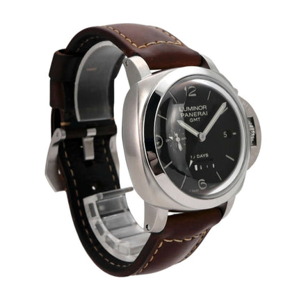 Panerai Luminor 1950 GMT 10 Days PAM00270 Edelstahlgehäuse, schwarzes Zifferblatt, braunes Alligatorlederarmband.