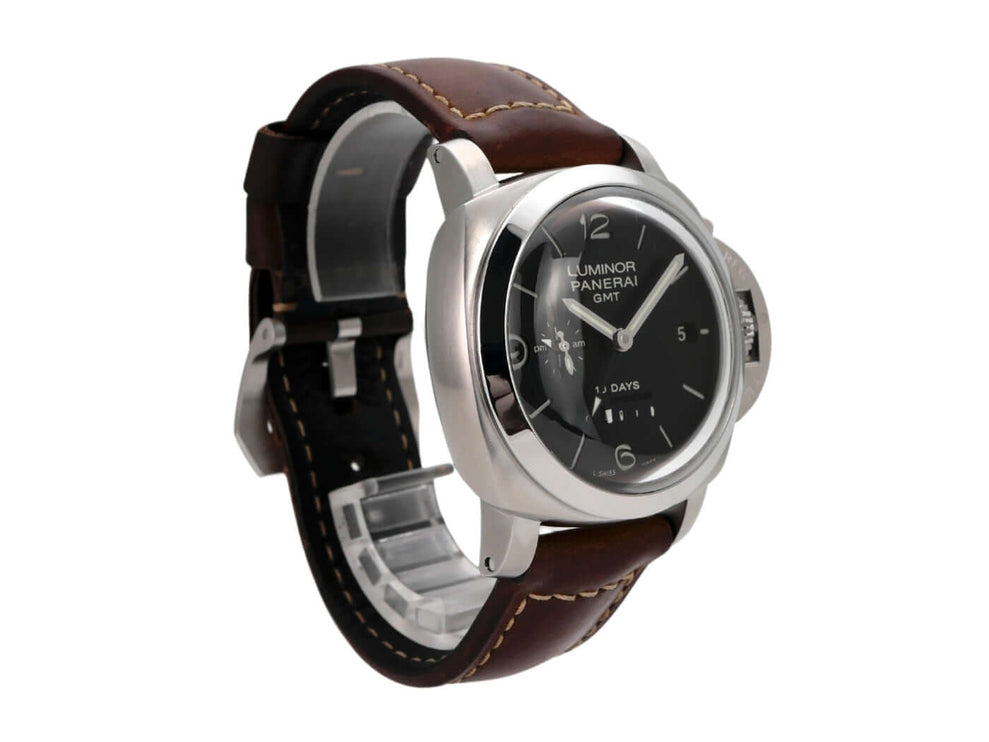 Panerai Luminor 1950 GMT 10 Days PAM00270 Edelstahlgehäuse, schwarzes Zifferblatt, braunes Alligatorlederarmband.