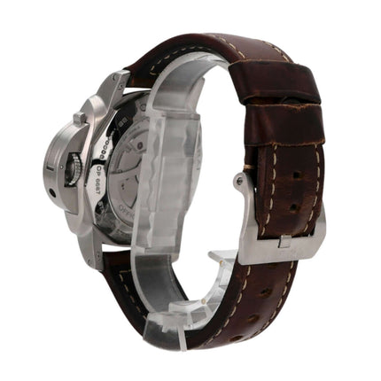 Panerai Luminor 1950 GMT PAM00270, Edelstahlgehäuse, braunes Alligatorlederarmband, Automatikuhrwerk, seitliche Ansicht.