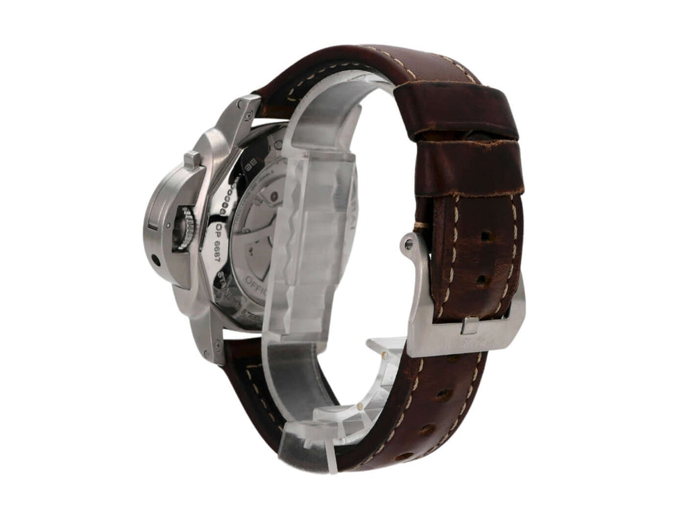 Panerai Luminor 1950 GMT PAM00270, Edelstahlgehäuse, braunes Alligatorlederarmband, Automatikuhrwerk, seitliche Ansicht.
