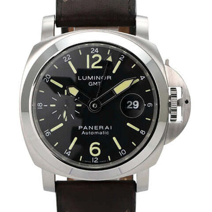 Panerai Luminor GMT PAM00297 mit braunem Lederband und schwarzem Zifferblatt, 44 mm Edelstahl-Gehäuse.