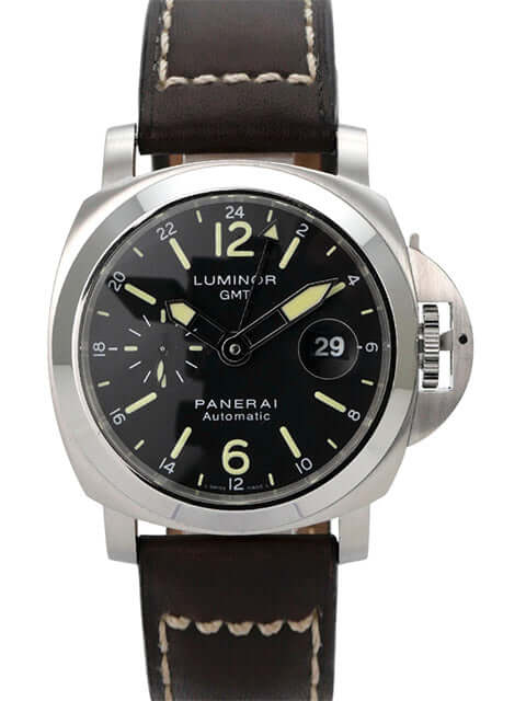 Panerai Luminor GMT PAM00297 mit braunem Lederband und schwarzem Zifferblatt, 44 mm Edelstahl-Gehäuse.
