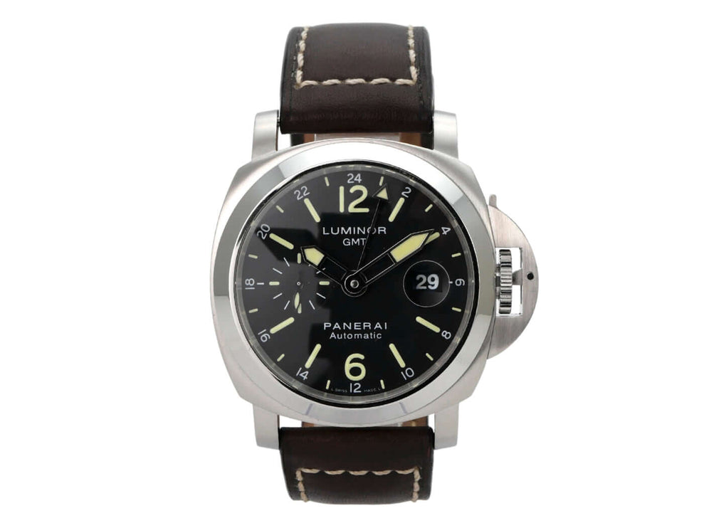 Panerai Luminor GMT PAM00297 mit schwarzem Zifferblatt und braunem Lederband, Automatikwerk Kaliber OP VIII.