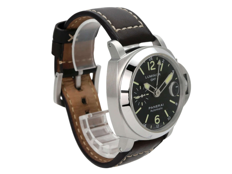 Panerai Luminor GMT PAM00297 mit schwarzem Zifferblatt und braunem Lederband, elegante Uhr im Edelstahl-Gehäuse.