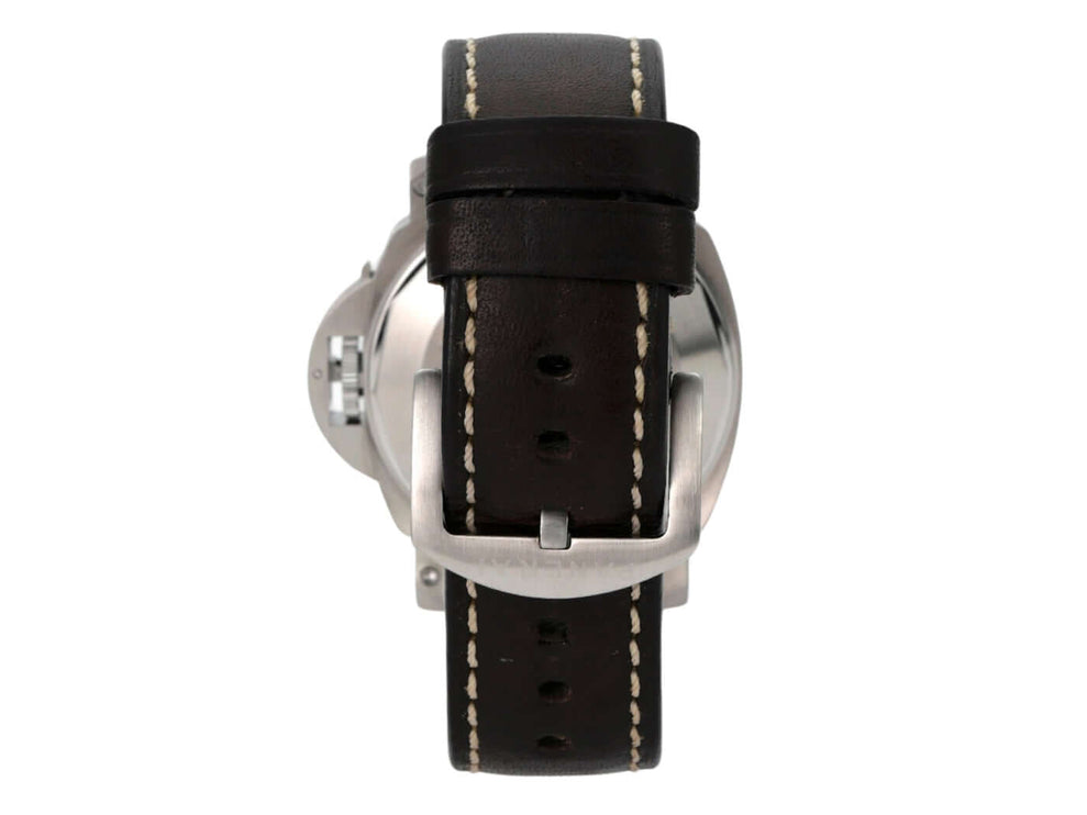 Panerai Luminor GMT PAM00297 Rückansicht des Edelstahlgehäuses mit braunem Aftermarket-Lederband.