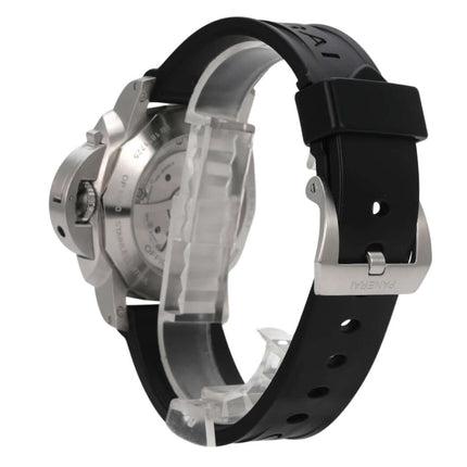 Panerai Luminor 1950 Marina Automatik 3 Days PAM00312, Edelstahlgehäuse, schwarzes Kautschukband, Rückansicht