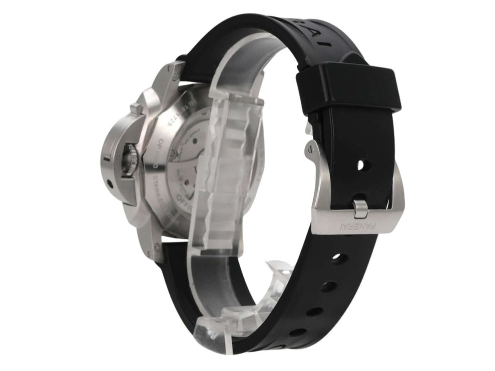 Panerai Luminor 1950 Marina Automatik 3 Days PAM00312, Edelstahlgehäuse, schwarzes Kautschukband, Rückansicht