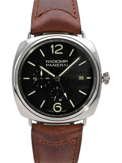 Panerai Radiomir PAM00323 10 Tage GMT Power Reserve, Edelstahlgehäuse, schwarzes Zifferblatt, braunes Lederarmband.