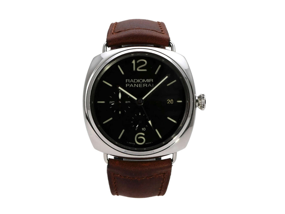 Panerai Radiomir PAM00323 Uhr mit schwarzem Zifferblatt, 10-Tage-Gangreserve und braunem Lederarmband.