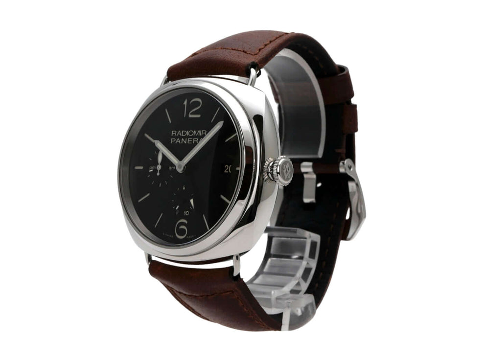 Panerai Radiomir PAM00323 10 Days GMT Power Reserve, Edelstahl, schwarzes Zifferblatt, braunes Lederarmband, elegante Uhr.