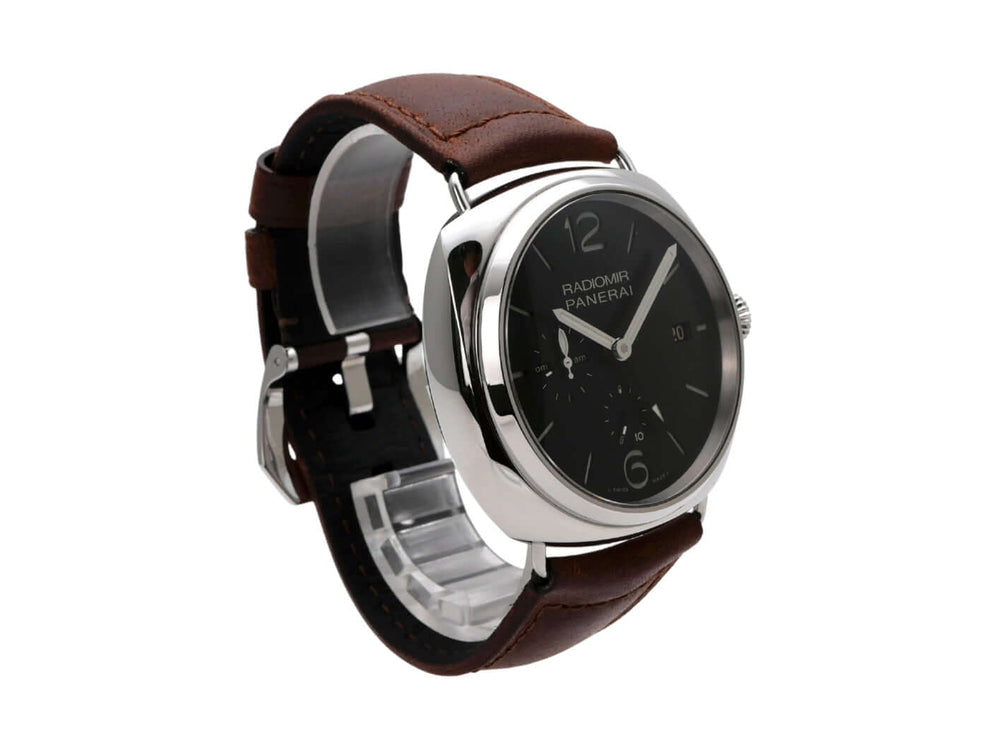 Panerai Radiomir PAM00323 Edelstahl Uhr mit braunem Lederarmband und schwarzem Zifferblatt, 10 Tage GMT Power Reserve.