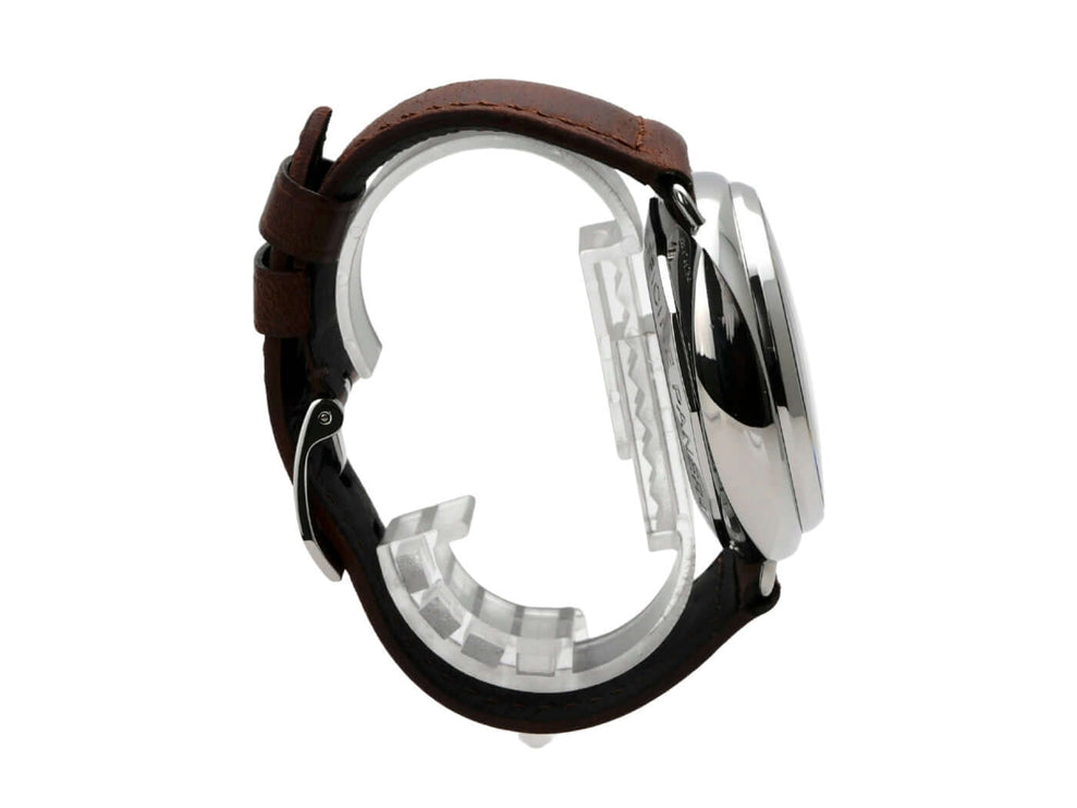 Panerai Radiomir PAM00323 seitliche Ansicht mit braunem Lederarmband und Edelstahl-Gehäuse.
