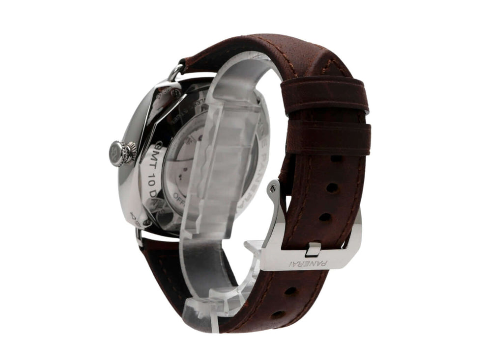 Panerai Radiomir PAM00323 Uhr seitliche Ansicht mit braunem Lederarmband und polierter Edelstahl-Gehäuse.
