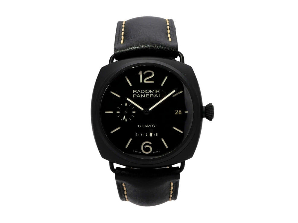 Panerai Radiomir 8 Days Ceramic PAM00384 mit schwarzem Keramikgehäuse und schwarzem Lederarmband.