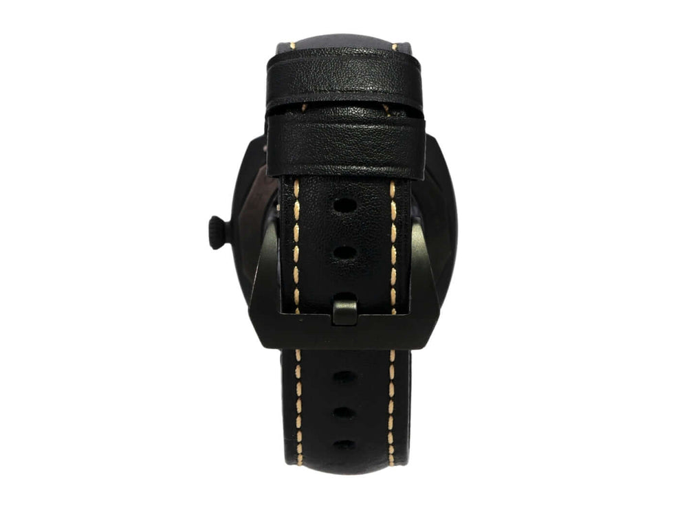 Rückansicht des Panerai Radiomir 8 Days Ceramic PAM00384 mit schwarzem Lederarmband und Titan-Schließe.