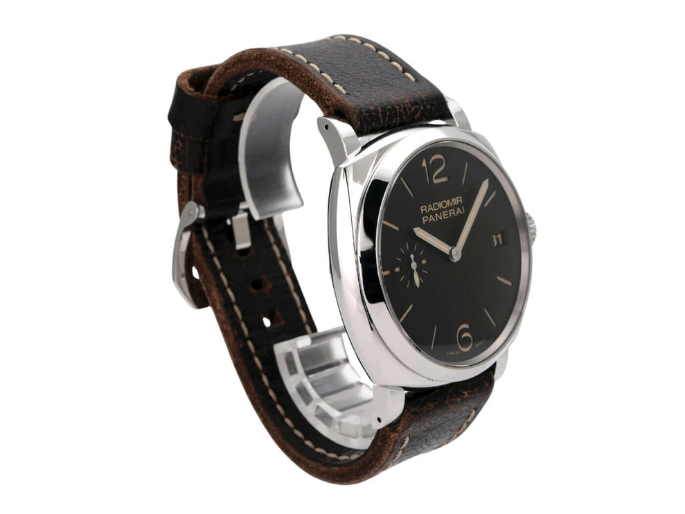 Panerai Radiomir 1940 3 Days PAM00514 Edelstahl Uhr mit braunem Lederarmband und schwarzem Zifferblatt