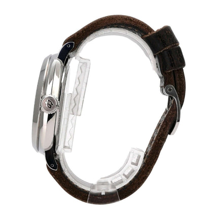 Panerai Radiomir 1940 3 Days PAM00514 seitliche Ansicht mit braunem Lederarmband und poliertem Edelstahlgehäuse.
