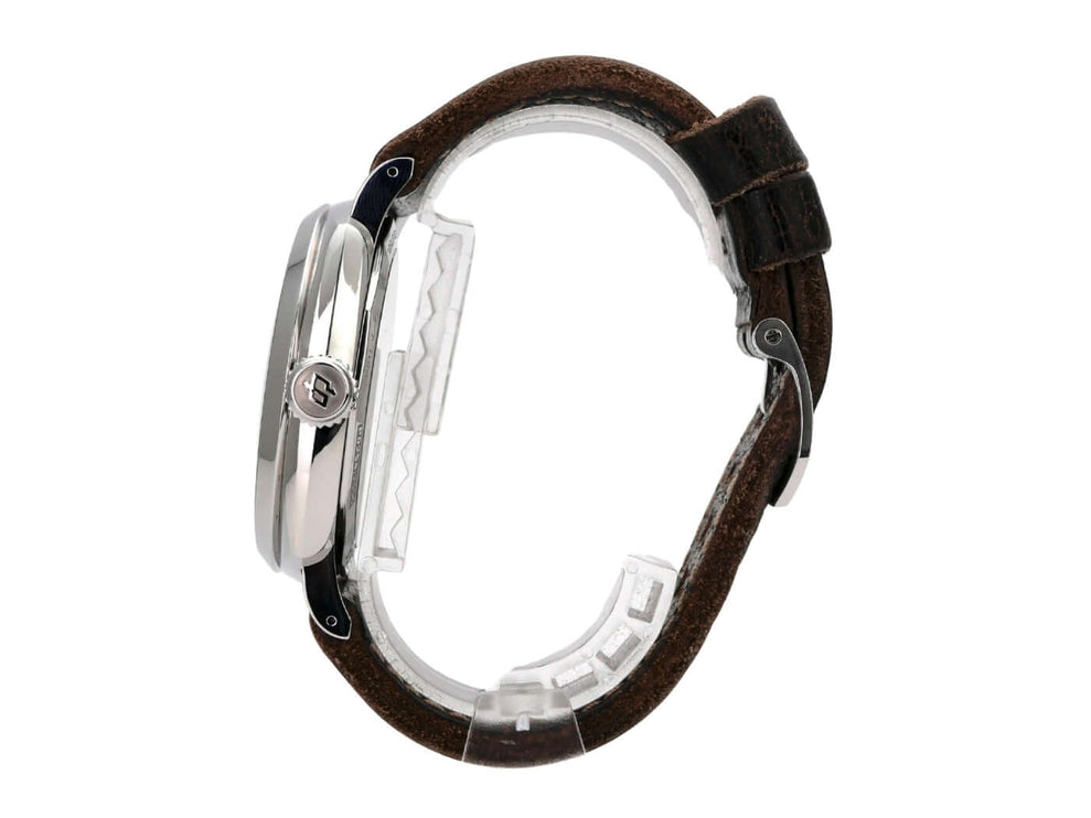 Panerai Radiomir 1940 3 Days PAM00514 seitliche Ansicht mit braunem Lederarmband und poliertem Edelstahlgehäuse.