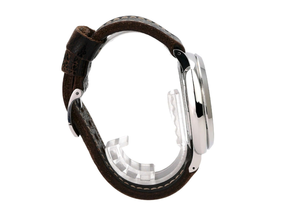 Panerai Radiomir 1940 3 Days PAM00514 Uhr mit braunem Lederarmband und poliertem Edelstahlgehäuse von der Seite