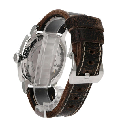 Panerai Radiomir 1940 3 Days PAM00514 Rückansicht der Uhr mit braunem Lederarmband und polierter Edelstahl-Lünette.