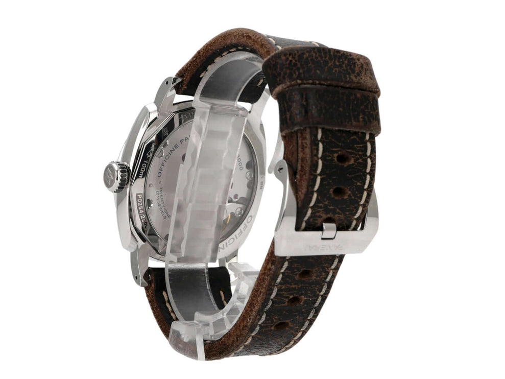 Panerai Radiomir 1940 3 Days PAM00514 Rückansicht der Uhr mit braunem Lederarmband und polierter Edelstahl-Lünette.