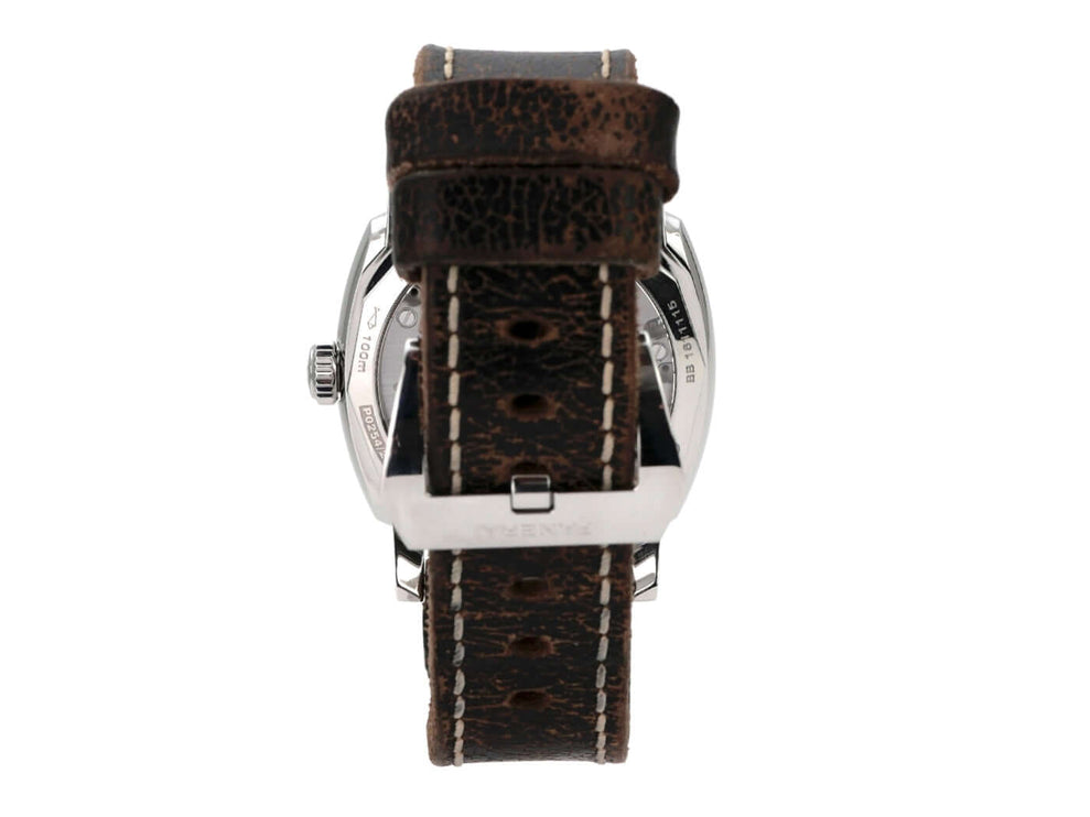 Rückansicht der Panerai Radiomir 1940 3 Days PAM00514 mit braunem Lederarmband und Edelstahlverschluss.