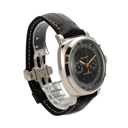 Panerai Radiomir 1940 Chronograph Oro Bianco PAM00520, 18 kt Weißgold, schwarzes Lederband, schwarzes Zifferblatt.