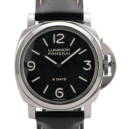 Panerai Luminor Base 8 Days in Edelstahl mit schwarzem Zifferblatt und Lederarmband, Ref. PAM00560.