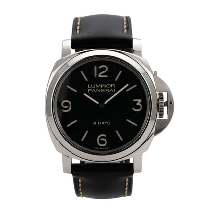 Panerai Luminor Base 8 Days Acciaio mit schwarzem Zifferblatt und Lederarmband, Ref. PAM00560, durchmesser 44 mm.