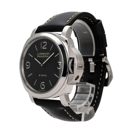 Panerai Luminor Base 8 Days Acciaio Uhr mit schwarzem Zifferblatt, 44 mm Edelstahl-Gehäuse und Lederarmband.