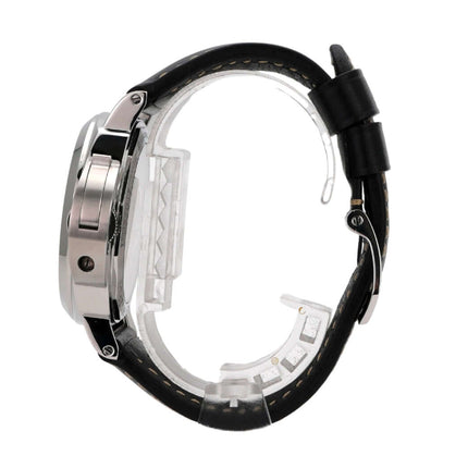 Panerai Luminor Base 8 Days Acciaio Uhr mit schwarzem Lederarmband, poliertem Edelstahlgehäuse und Sandwich Zifferblatt.