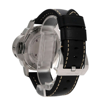 Panerai Luminor Base 8 Days Acciaio Uhr mit schwarzem Lederarmband und polierter Dornschließe, Rückansicht.