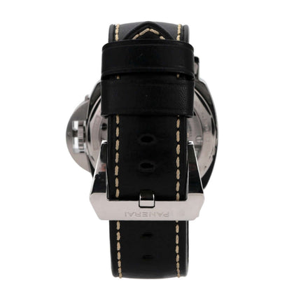 Panerai Luminor Base 8 Days Acciaio Uhr mit schwarzem Lederarmband und Stahl-Dornschließe.