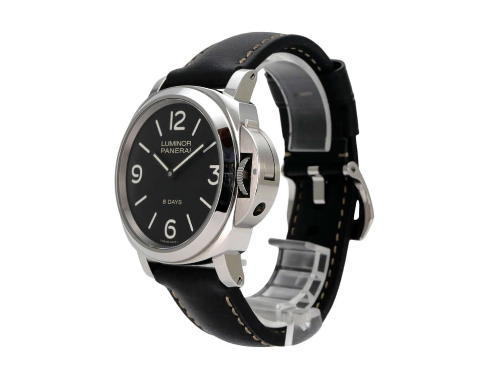 Panerai Luminor Base 8 Days Acciaio PAM00560 mit schwarzem Kautschukband und poliertem Edelstahlgehäuse.