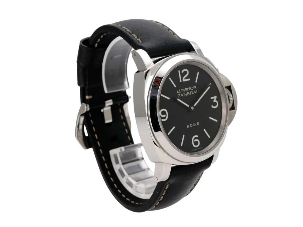 Panerai Luminor Base 8 Days Acciaio PAM00560 mit schwarzem Kautschukband und poliertem Edelstahlgehäuse.