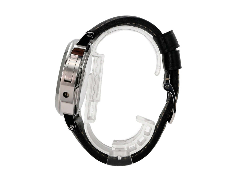 Panerai Luminor Base 8 Days Acciaio PAM00560 Armbanduhr von der Seite mit schwarzem Kautschukband und Edelstahlgehäuse.