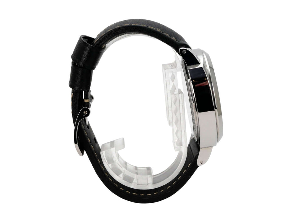 Seitenansicht der Panerai Luminor Base 8 Days Acciaio PAM00560 mit schwarzem Kautschukband und Edelstahl-Gehäuse.