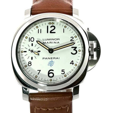 Panerai Luminor Marina PAM00660 Logo Acciaio mit Edelstahlgehäuse und braunem Lederarmband, weißes Zifferblatt mit arabischen Ziffern, Modell 2018