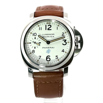 Panerai Luminor Marina PAM00660 Logo Acciaio Herrenuhr mit poliertem Edelstahlgehäuse, weißem Zifferblatt und braunem Lederarmband