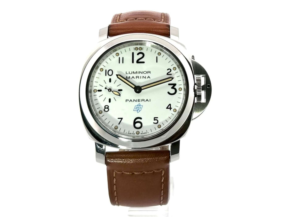 Panerai Luminor Marina PAM00660 Logo Acciaio Herrenuhr mit poliertem Edelstahlgehäuse, weißem Zifferblatt und braunem Lederarmband