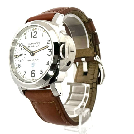Panerai Luminor Marina PAM00660, braunes Lederarmband, poliertes Edelstahlgehäuse, weißes Zifferblatt, Handaufzugswerk.