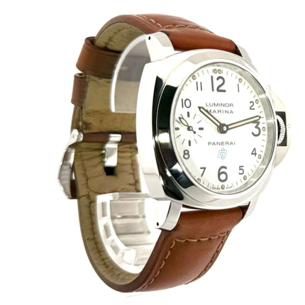 Panerai Luminor Marina PAM00660 aus poliertem Edelstahl mit weißem Zifferblatt, braunem Lederarmband und Dornschließe.