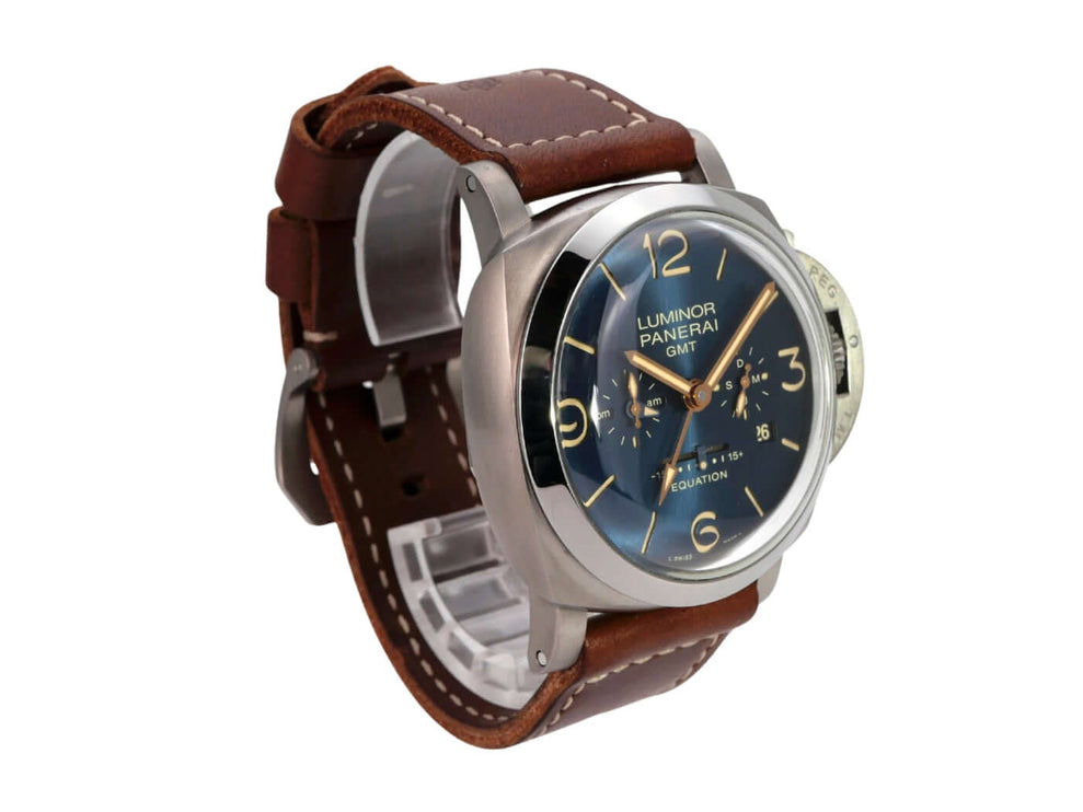 Panerai Luminor 1950 8 Days GMT Titanio PAM00670 mit braunem Lederarmband und blauem Zifferblatt