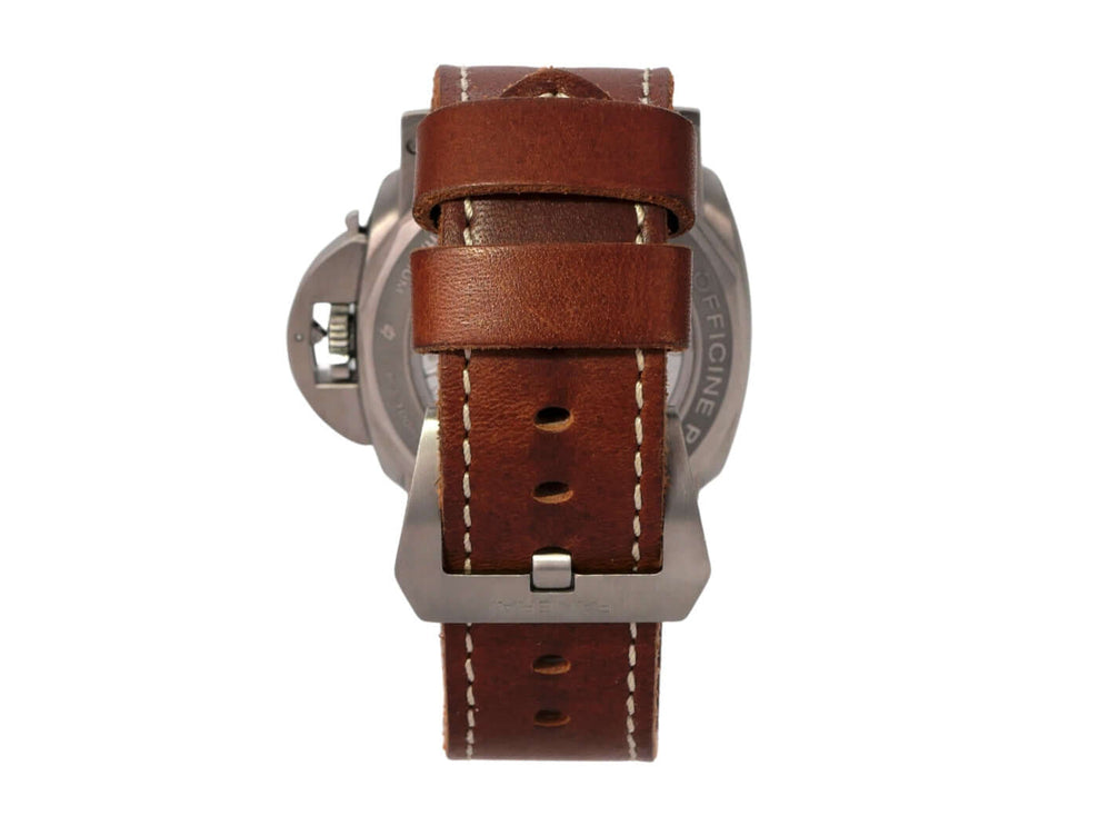Panerai Luminor 1950 8 Days GMT Titanio PAM00670 mit braunem Lederarmband von hinten