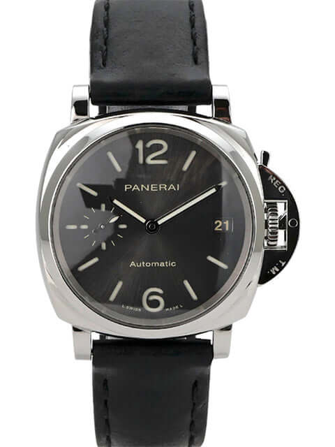 Panerai Luminor Due PAM00755 Automatik Uhr mit schwarzem Lederarmband und grauem Zifferblatt, 38 mm, Edelstahlgehäuse.