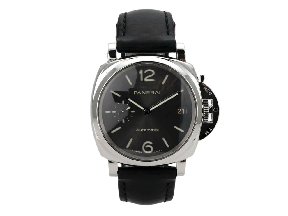 Panerai Luminor Due 3 Days Acciaio 38 PAM00755, Edelstahlgehäuse, schwarzes Lederarmband, anthrazit Zifferblatt.