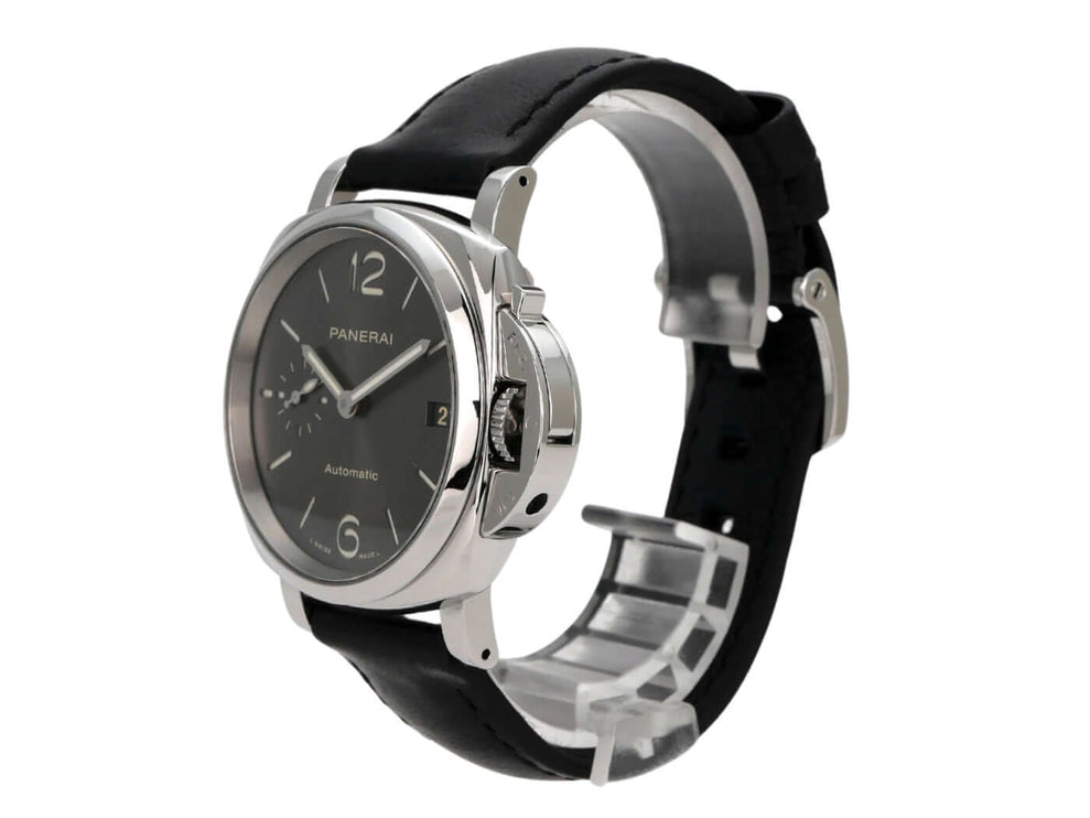 Panerai Luminor Due 3 Days Acciaio 38 PAM00755, Edelstahl, schwarzes Lederarmband, anthrazit Zifferblatt